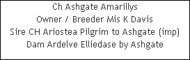 Ch Ashgate Amarillys














Owner / Breeder Mis K Davis














Sire CH Ariostea Pilgrim to Ashgate (imp)














Dam Ardelve Elliedase by Ashgate