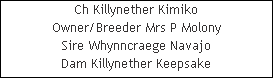Ch Killynether Kimiko













Owner/Breeder Mrs P Molony













Sire Whynncraege Navajo













Dam Killynether Keepsake