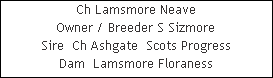 Ch Lamsmore Neave














Owner / Breeder S Sizmore














Sire  Ch Ashgate  Scots Progress














Dam  Lamsmore Floraness