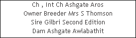 Ch , Int Ch Ashgate Aros










Owner Breeder Mrs S Thomson










Sire Gilbri Second Edition










Dam Ashgate Awlabathit