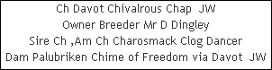 Ch Davot Chivalrous Chap  JW










Owner Breeder Mr D Dingley










Sire Ch ,Am Ch Charosmack Clog Dancer










Dam Palubriken Chime of Freedom via Davot  JW